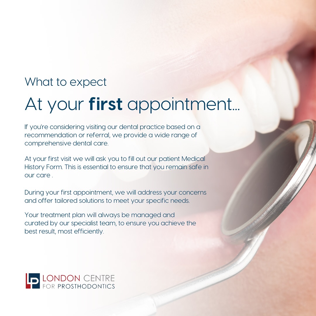 What to Expect at Your First Dental Appointment! 🦷
Getting ready for your first visit? Here’s what you can look forward to:
Warm Welcome: Our friendly team will greet you and make you feel at home.
Medical History Review: We’ll discuss your dental and medical history to tailor your care.
Comprehensive Examination: Our dentists will perform a thorough examination of your teeth, gums, and mouth.
X-rays: If needed, we’ll take digital x-rays to get a closer look at your dental health.
Personalised Treatment Plan: We’ll discuss any findings and create a plan that fits your needs.
✨ Your smile journey starts here! Don’t hesitate to ask questions—your comfort is our priority. We can’t wait to meet you!
Get in touch with our team to book your appointment - we look forward to seeing you soon!
The London Centre For Prosthodontics
29 Weymouth Street
London, W1G 7DB
020 7637 4518
info@londonprosthodontics.com
Monday - Friday: 7:30am - 4:30pm
Saturday & Sunday: Closed
#MaryleboneDentist #LondonSmiles #HealthyTeethMarylebone #DentalCareLondon #SmileMakeover #MaryleboneOralHealth #LondonDentalExperts #CosmeticDentistry #TeethWhiteningMarylebone #EmergencyDentistLondon #MaryleboneOrthodontics #LondonDentalClinic #DentalCheckup #MaryleboneDentalCare #SmileTransformation
#LondonOralCare #MaryleboneDentalHealth #FamilyDentistLondon #TeethCleaningMarylebone #CosmeticDentistLondon #MaryleboneTeeth #LondonDentalHygiene#MaryleboneOrthodontist #OralWellnessLondon #PreventiveDentistry #MaryleboneDentalServices #LondonDentalSpecialists #MaryleboneHealthySmiles #LondonDentistry #AdvancedDentalCare